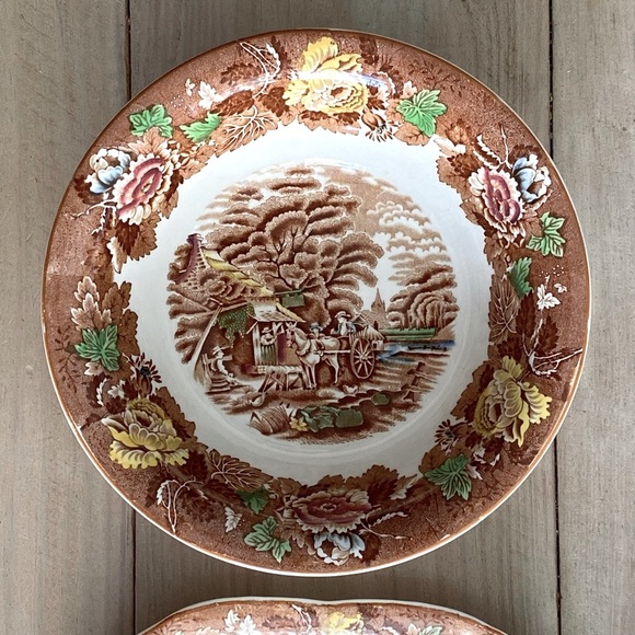 Set of 2 Enoch Woods English Scenery Brown Multicolor Bowl and Square Cake Plate - Picture 3 of 14